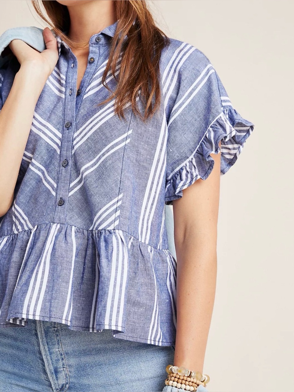 Anthropologie Maeve Allison Flounced‎ Button Down Blouse XS Linen Cotton Striped